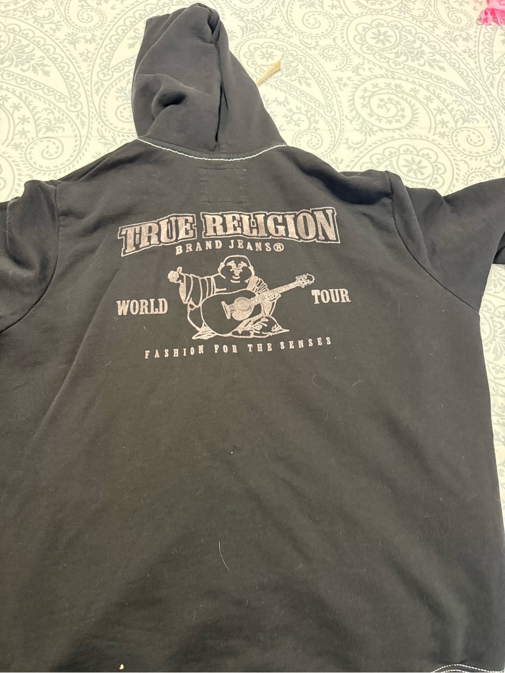 True Religion Black Zip Front Hoodie with Cream Drawstring - Picture 3 of 8